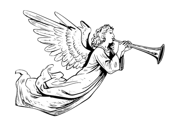 Vector angel flying and playing on the pipe hand drawn sketch illustration