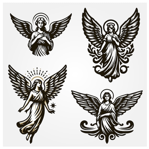 Vettore angel goddess colored vector vintage 4 illustration logo set collection