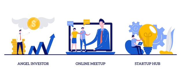 Angel investor, online meetup, startup hub-concept met een klein karakter