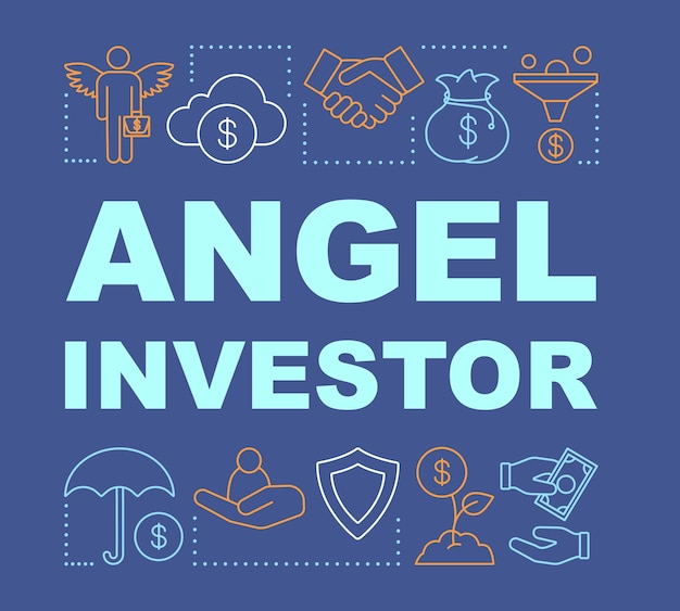 Angel investor word concepts banner. private startup investment. project funding, budgeting. presentation, website. isolated lettering typography idea with linear icons. vector outline illustration