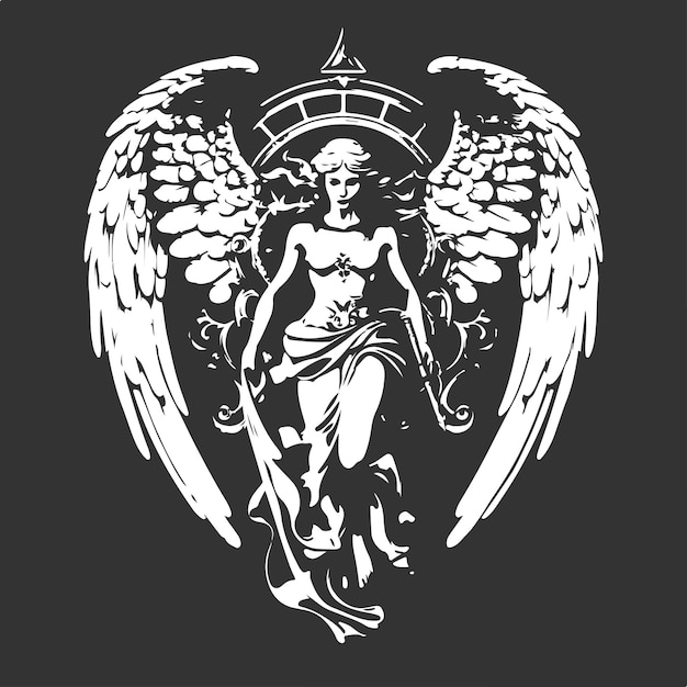 宝石の天使のビンテージ ロゴ ライン アート コンセプト黒と白の色手描きイラスト