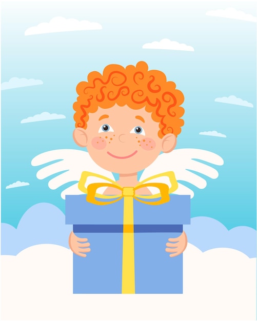 Ангел на облаке, держащий подарочную коробку векторный персонаж в плоском стиле
