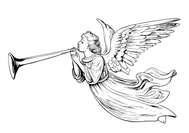 Angel playing the trumpet hand drawn sketch illustration