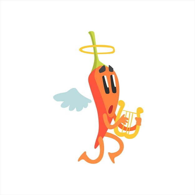 Vector angel red hot chili pepper gehumaniseerd emotionele platte stripfiguur met vleugels en halo spelen lier