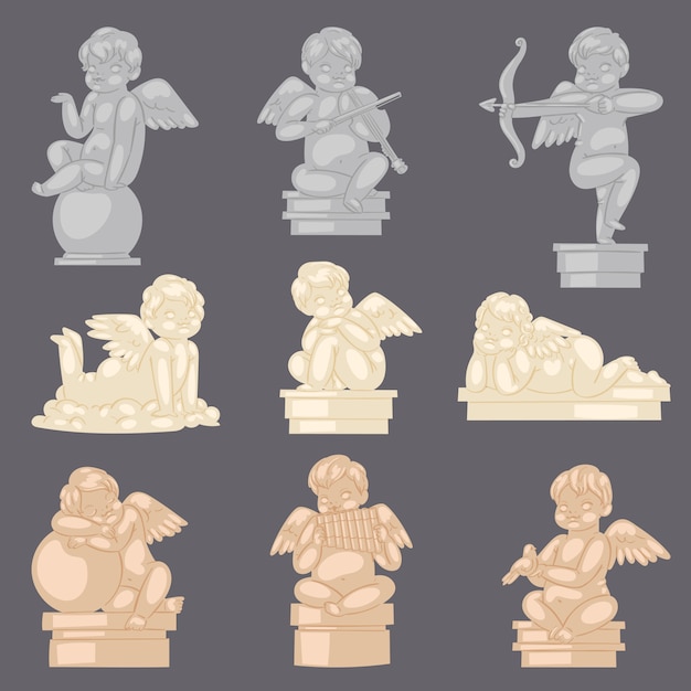 Vector angel statue  angelic cupid sculpture and lovely baby character with wings on valentines or wedding day illustration set of ancient marble monument  on background