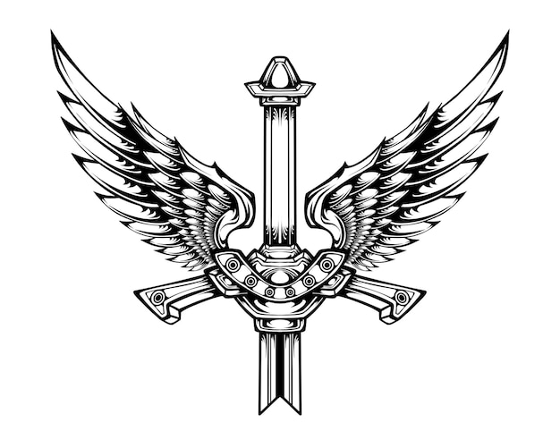 Vector angel wings tattoo design with sword