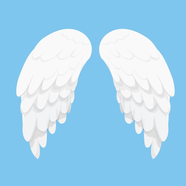 Angel wings white in cartoon style isolated on blue background, design element for decoration.