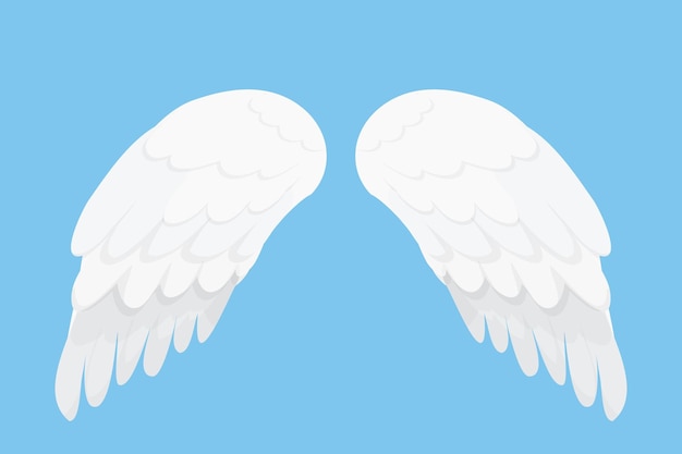 Angel wings white in cartoon style isolated on blue background, design element for decoration.