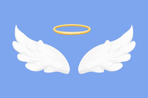 Angel wings white with halo, nimbus in cartoon style isolated on blue background,