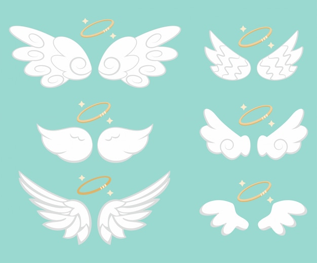 Vector angel wings with gold nimbus set