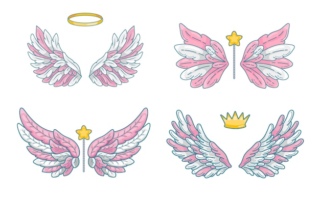 Vector angel wings with magic accessories - wand, crown and halo.