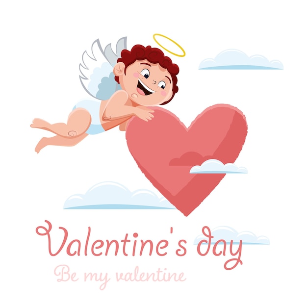 Angel with a heart in his hands be my Valentine Vector graphics for the holiday