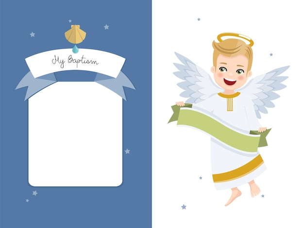 Angel with ribbon. Baptism horizontal invitation on blue sky and stars invitation. 