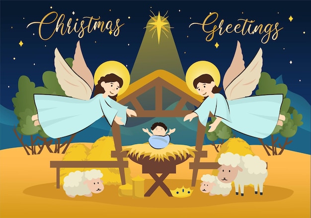 Angels greet Jesus background concept with people scene in the flat cartoon design