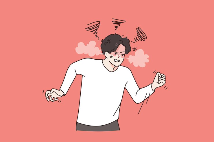 Vector 분노 분노와 부정적인 감정 개념 강한 주먹으로 서 있는 젊은 남자는 격렬한 공격적이고 화난 벡터 삽화를 느낌