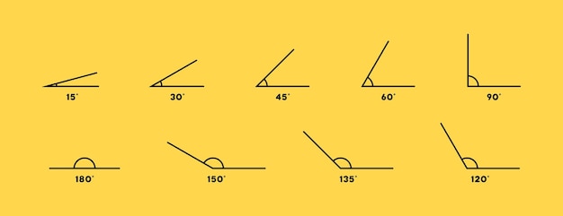 ベクトル 角度線画アイコンを設定します。角度度グレードアイコン。角度30、45、60、75、90、105、120、135、150、165、および180度のアイコンセット。数学の幾何学的なデザイン要素。角度テンプレート。