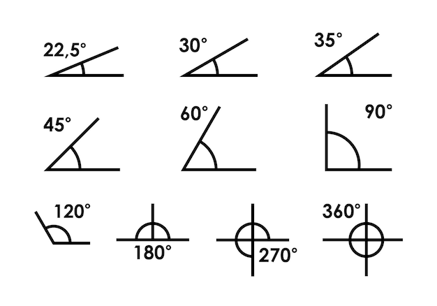 ベクトル 180、45、30、90度の角度のベクトル図です。幾何学、数学のシンボル。さまざまな角度の角度で構成されるベクトルアイコンのセット。