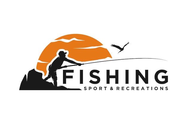 Иллюстрация логотипа силуэта рыболова на закате.
