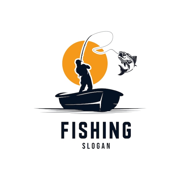 Illustrazione del logo della siluetta di pesca del pescatore al modello di progettazione di logo del tramonto