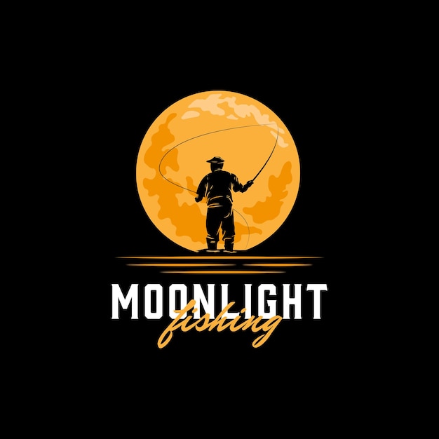 Angler Fishing Silhouette logo illustration with Moon Background design inspiration
