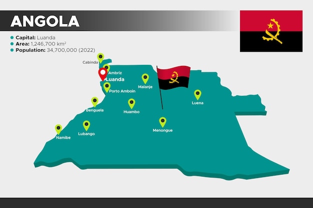 Angola isometrische 3d illustratie kaart Vlag hoofdsteden gebied bevolking en kaart van Angola