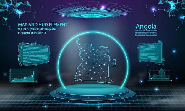 Angola mappa luce effetto di collegamento sfondo astratto tecnologia digitale ui gui futuristico hud interfaccia virtuale con mappa angola stage podio futuristico nella nebbia