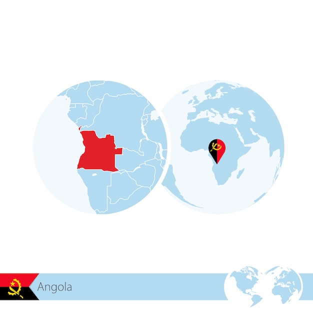 Angola on world globe with flag and regional map of Angola. Vector Illustration.