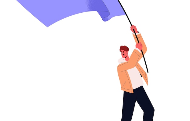 Angry activist protesting at picket holding flag banner in hand Protester leader at street rebellion revolution for human rights Flat graphic vector illustration isolated on white background