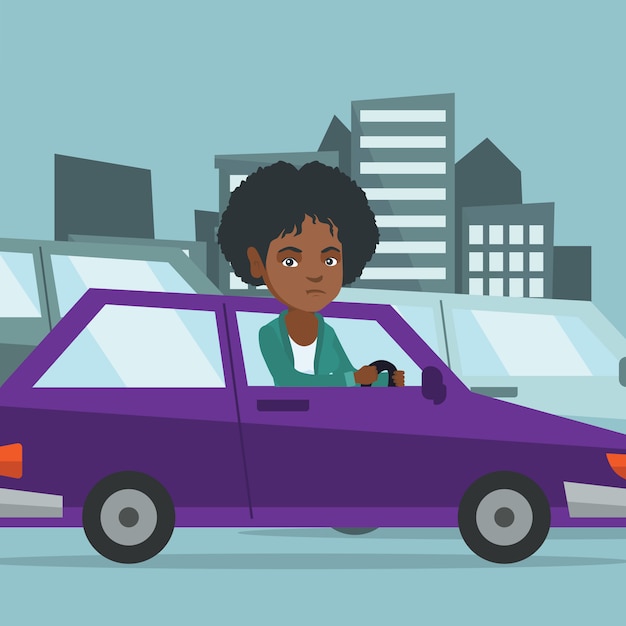 Vector angry african woman in car stuck in traffic jam.