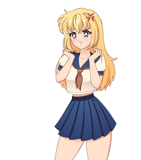 Angry anime manga girl with blonde hair wearing school uniform with cute paw hands