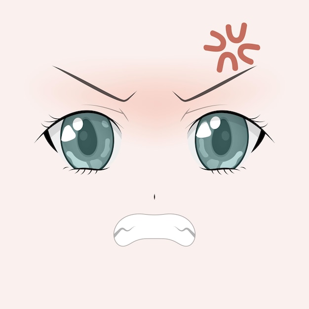 Angry anime style big green eyes hand drawn vector illustration isolated