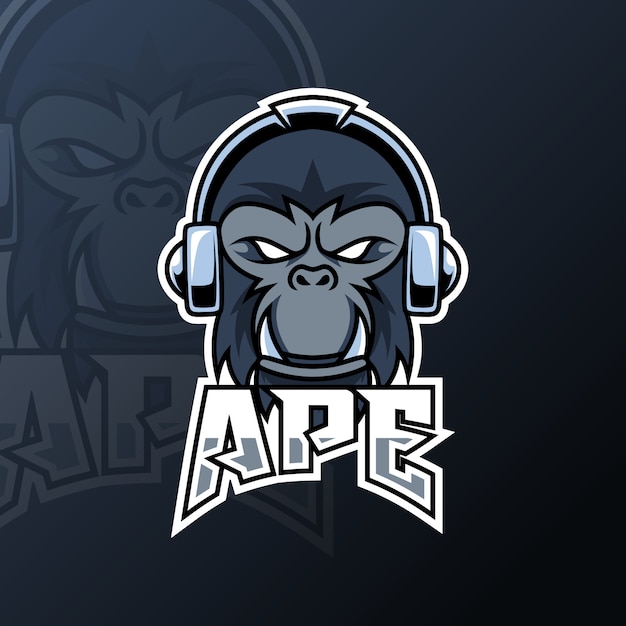 Vector angry ape gorilla mascot gaming logo black color headphone