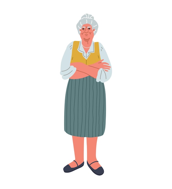 Donna anziana asiatica arrabbiata con le braccia incrociate in stile cartone animato