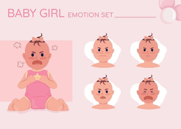 Angry baby girl semi flat color character emotions set