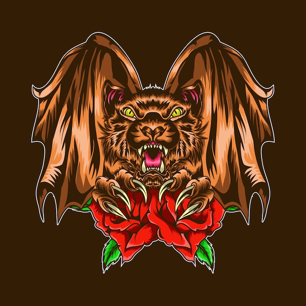 Vettore pipistrello arrabbiato con illustrazione di rosa rossa