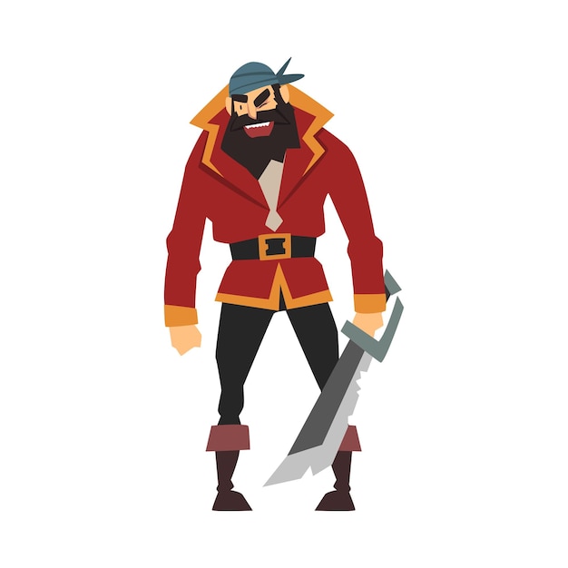 Vettore angry bearded pirate with saber maschio buccaneer personaggio di cartone animato illustrazione vettoriale