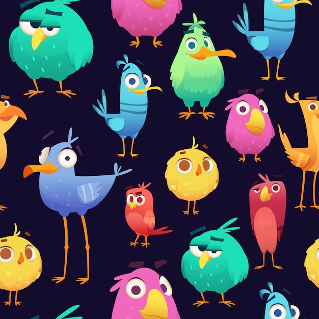 화난 새 패턴. 게임 앵무새와 이국적인 아기 귀엽고 재미있는 색깔의 새. 만화 원활한 삽화