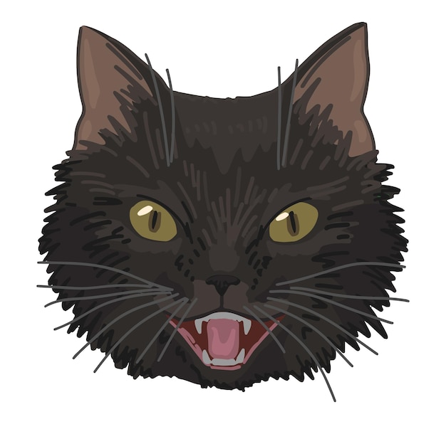 Angry black cat face clipart isolated on white cartoon style drawing of hissing cat witch familiar halloween creepy animal modern vector illustration