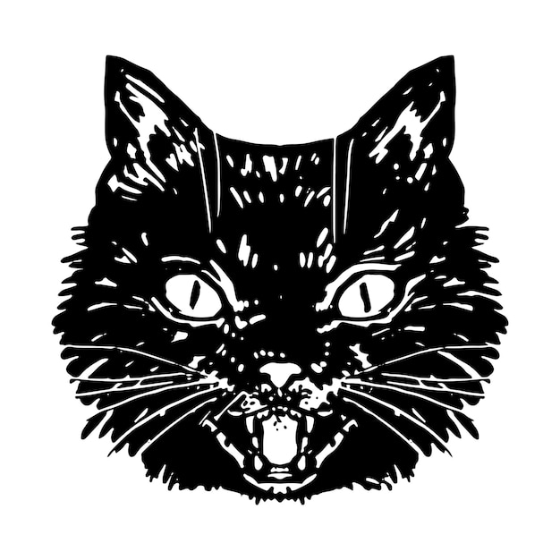 Angry black cat face Hissing cat halloween vector illustration Realistic ink sketch of witch familiar animal Clipart for decor isolated on white