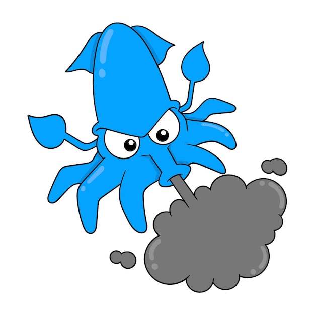 화난 파란 오징어가 검정 잉크 낙서 아이콘 이미지를 뱉어냅니다.