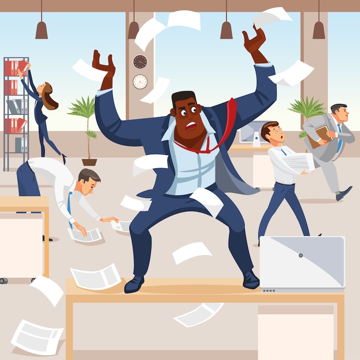 Vector angry boss screams in chaos at his subordinates