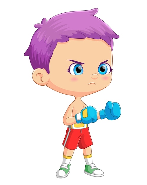 The angry boy is is ready to fight with enemy in boxing place