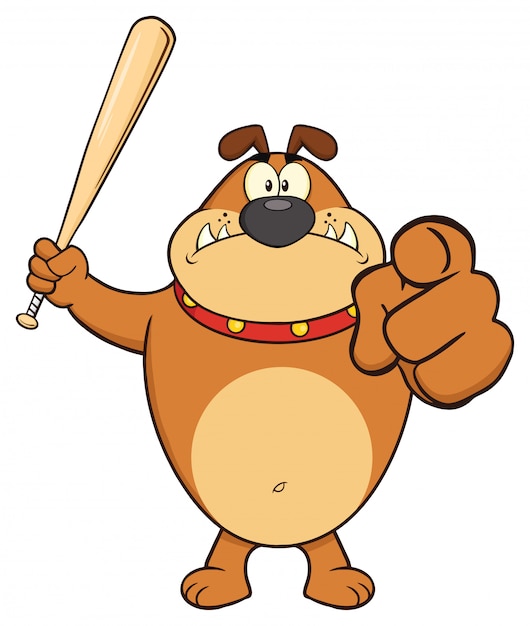 Vector angry brown bulldog cartoon mascot character holding a bat and pointing