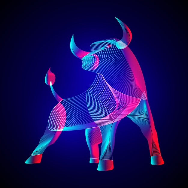 Vettore toro arrabbiato. siluetta stilizzata del bue cornuto in piedi - simbolo dell'anno nel calendario dello zodiaco cinese. descriva l'illustrazione dell'animale selvatico nella linea stile di arte su fondo astratto al neon