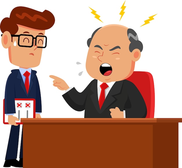 Angry Business Boss Man Man ontslaat een werknemer Cartoon personages