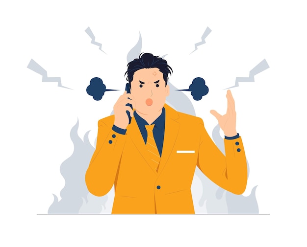 Angry Business man screaming on the phone with brain explosion stressed work mad upsetfrustrated concept illustration