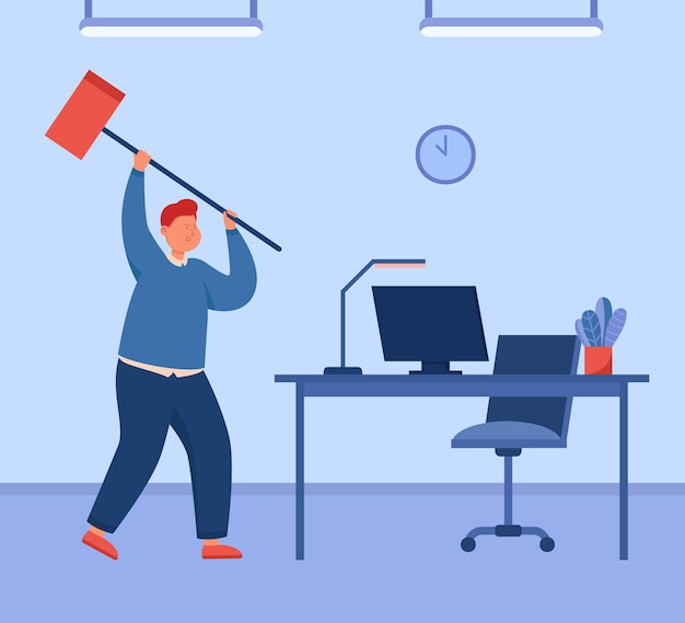 Vector angry business person breaking computer with hammer in office. frustrated man holding hammer before smashing pc flat vector illustration. stress, technology concept for banner or website design