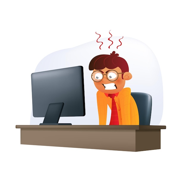 Vector angry businessman character sitting on an office chair at the desk and looking on the display. vector illustration of a hardworking young man in eyeglasses with negative emotion isolated on a white