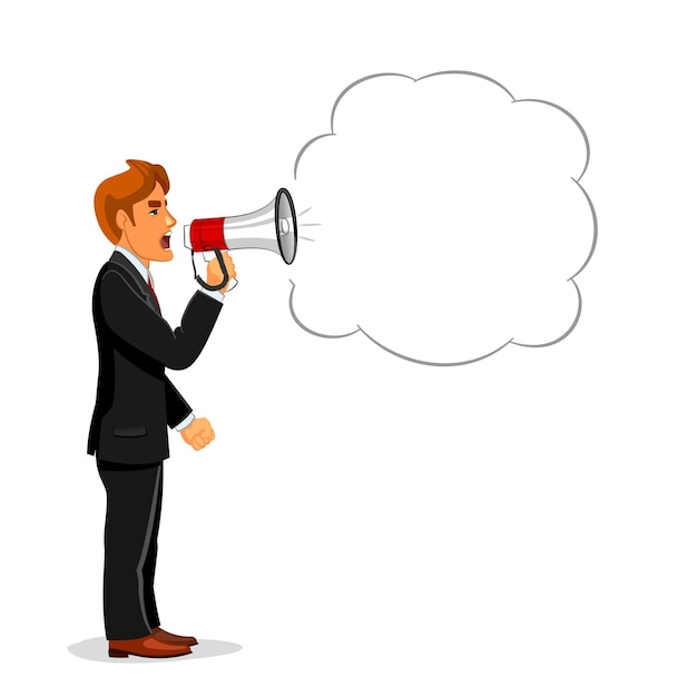 Vector angry businessman making announcement through loudspeaker megaphone with speech bubble for your text. use as promotion, advertising campaign or protest demonstration concept design