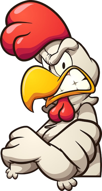 Angry cartoon chicken with crossed arms looking at camera